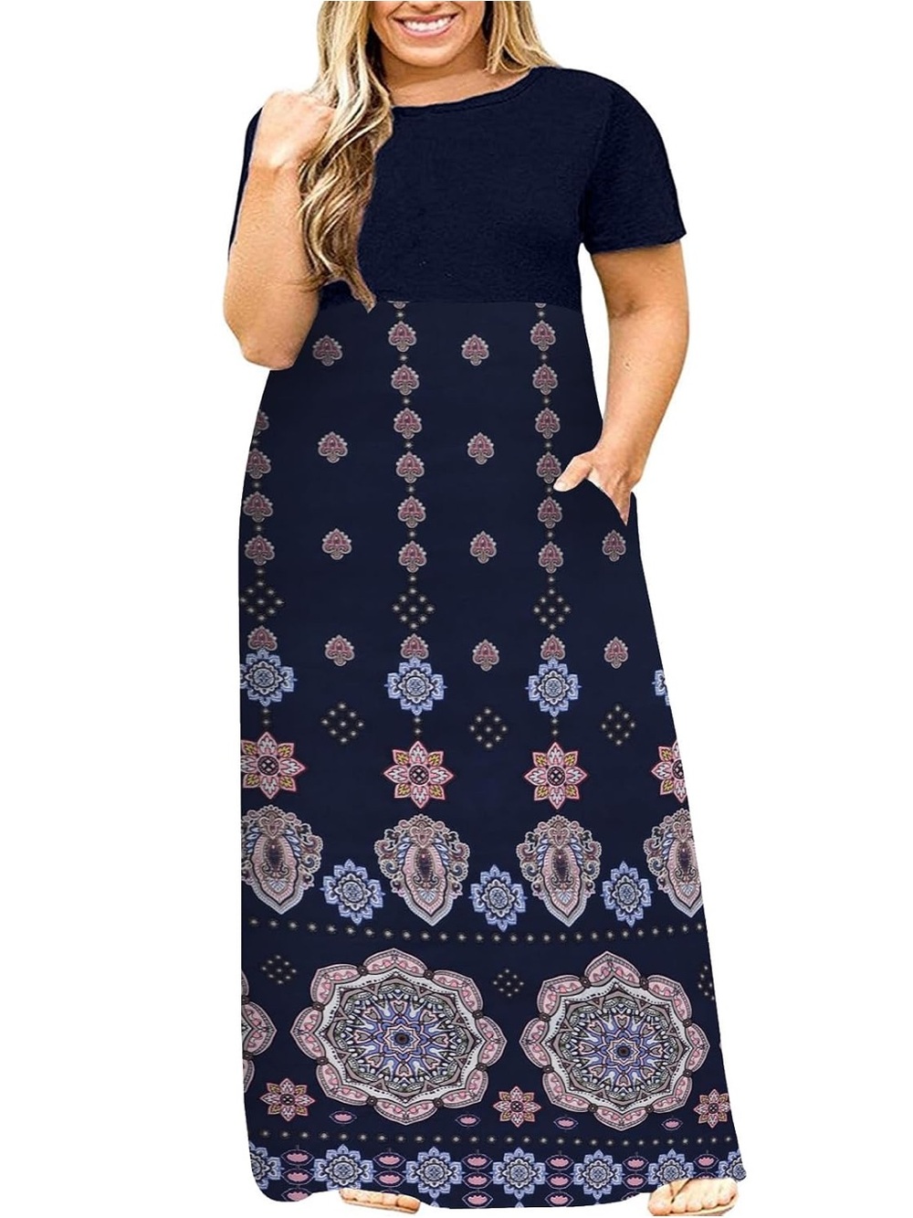 Kancystore Women’s Plus Size 4X Maxi Dress Navy Blue Geometric Mandala Skirt